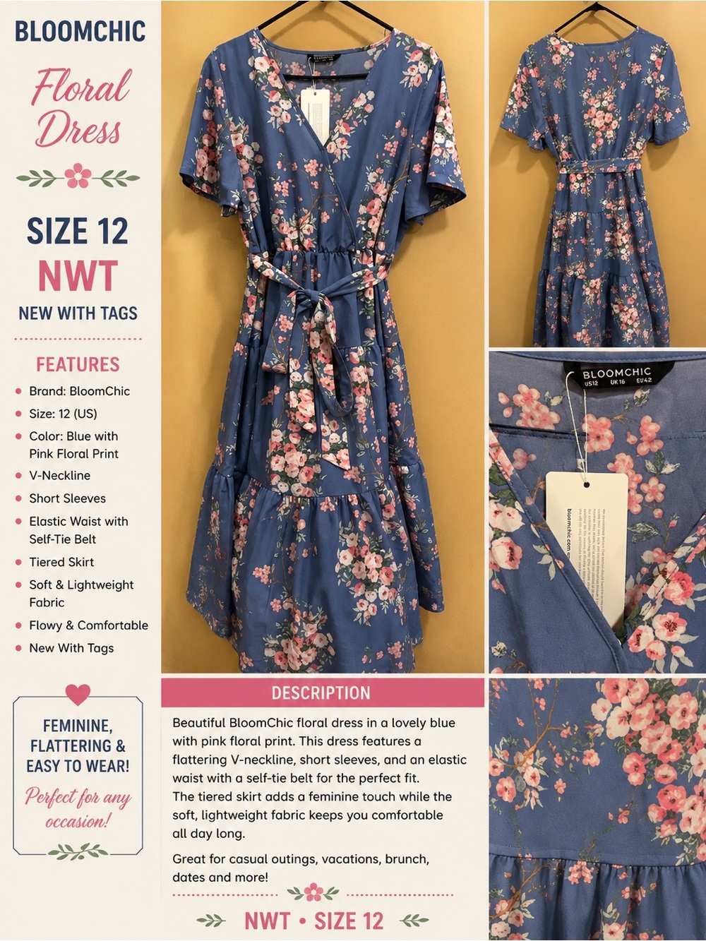 BloomChic Blue Midi Dress with Pink Floral Print